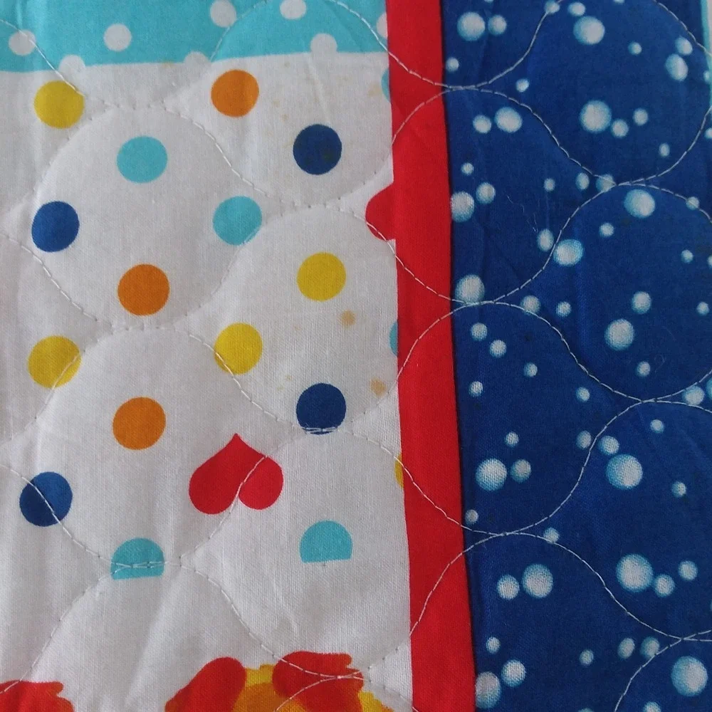 Handmade Baby Quilt Duck Patchwork Blanket Satin Trim Play Mat Blue Yellow 45x28